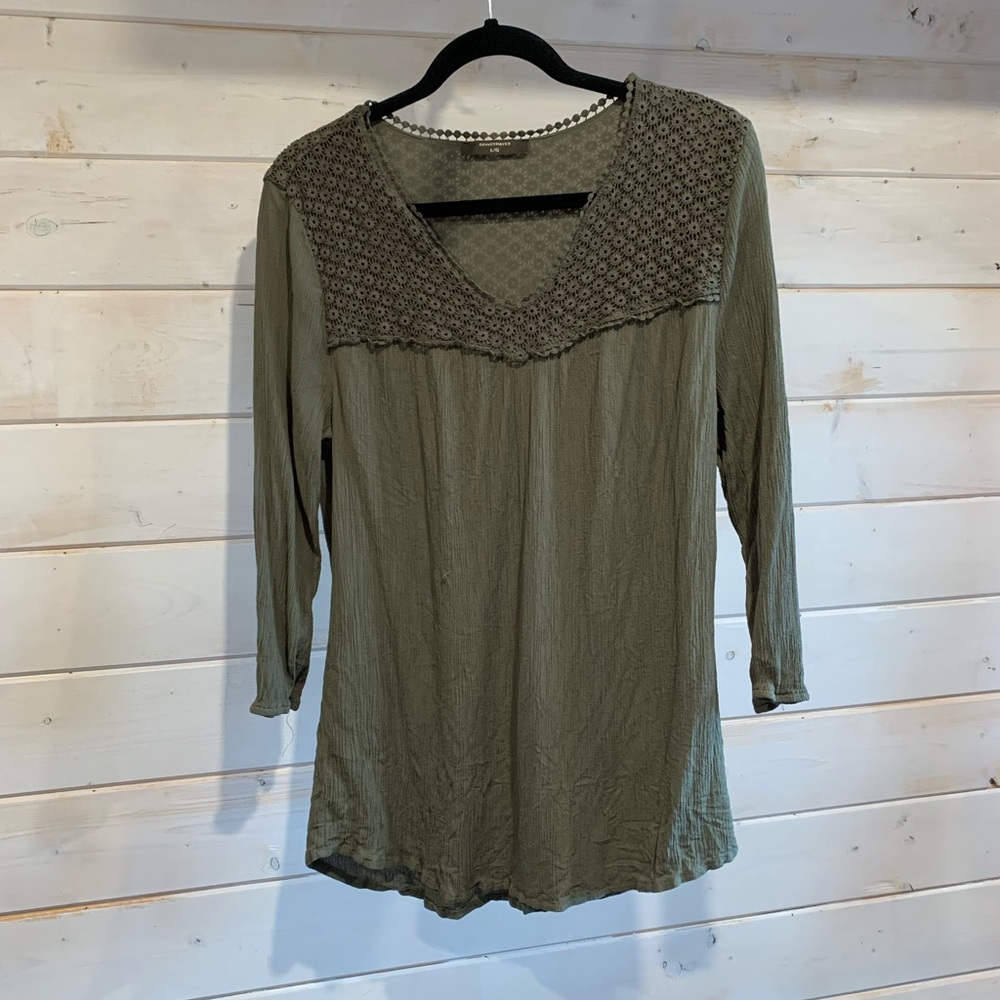 Denver Hayes | Olive Green Top with Crocheted Detail